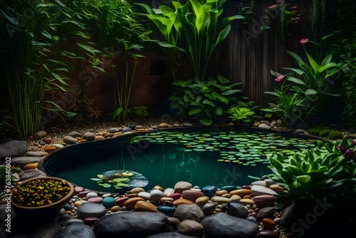 A cozy courtyard tiny pond  surrounded by multicolored pebbles  with water plants lending a sense of elegance to the personal environment.