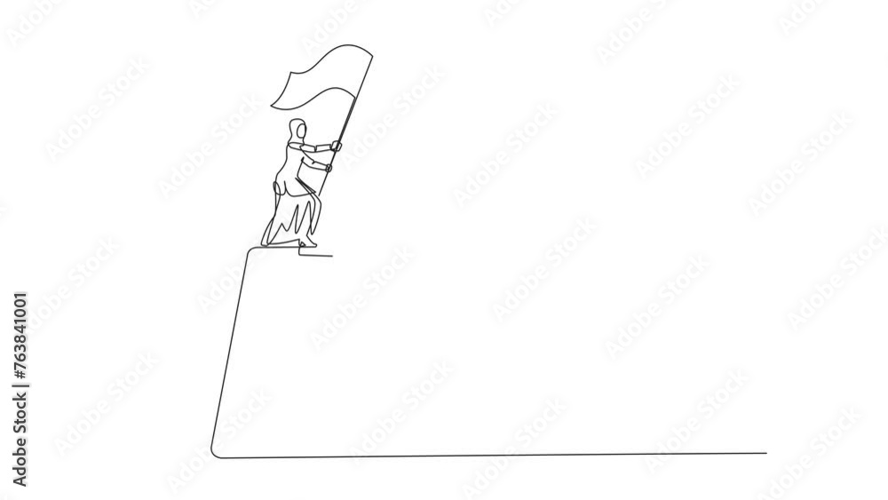 Animation of one line drawing of animation of one line drawing of continuous one line drawing of Arabian businesswoman standing on big clipboard raising flag. Create business plan. Full length motion