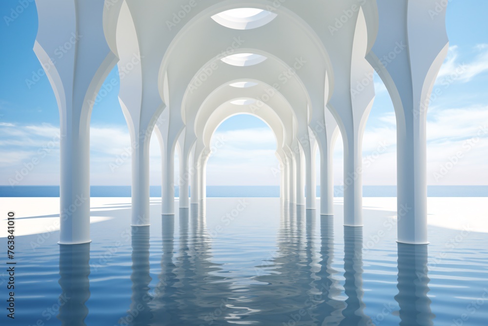 a white archway with arches and water