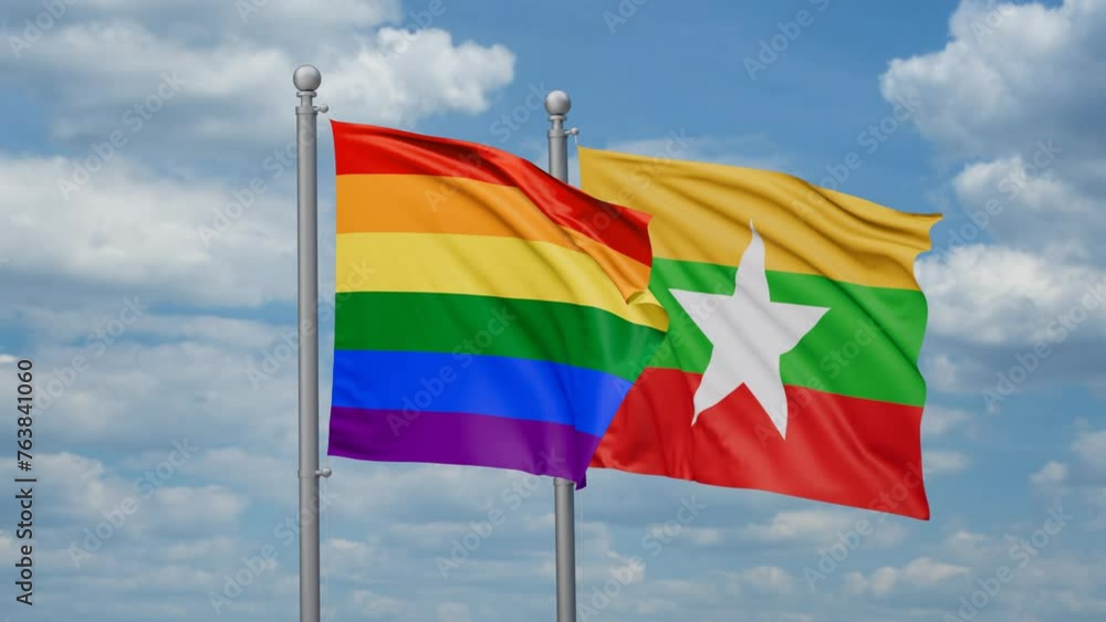 Myanmar aka Burma and LGBT movement flag also Gay Pride two flags waving together, looped video, two country relations concept Myanmar aka Burma and LGBT movement flag also Gay Pride two flags waving together, looped video, two country relations concept