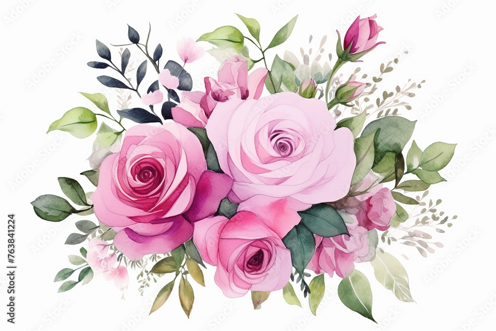 Watercolor floral illustration - bouquet with pink flowers, roses, green leaves, for wedding stationary, greetings, wallpapers, fashion, backgrounds 1