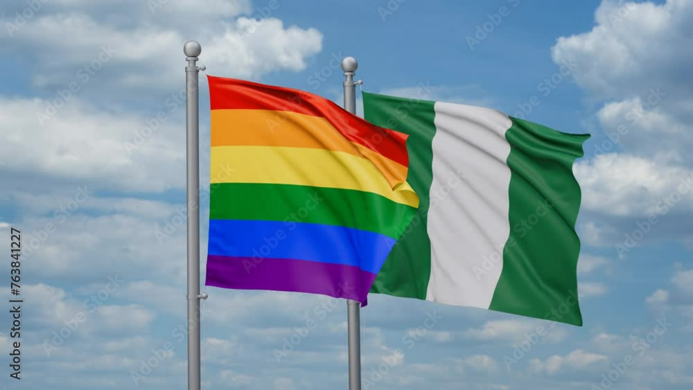 Nigeria and LGBT movement flag also Gay Pride two flags waving together, looped video, two country relations concept Nigeria and LGBT movement flag also Gay Pride two flags waving together, looped video, two country relations concept