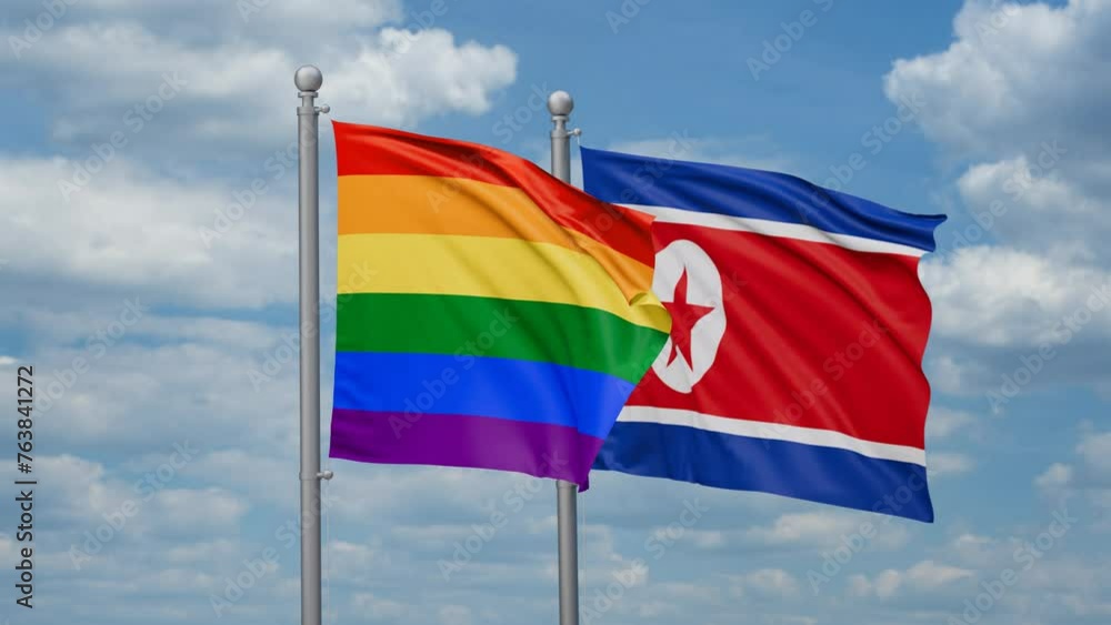 North Korea and LGBT movement flag also Gay Pride two flags waving together, looped video North Korea and LGBT movement flag also Gay Pride two flags waving together, looped video