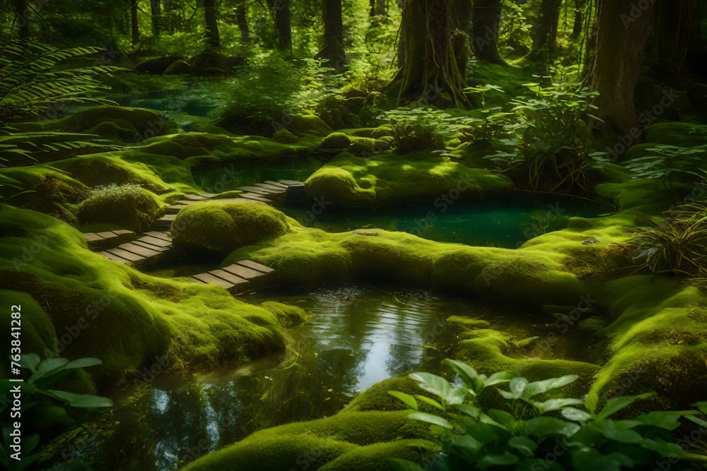 A delicate tiny pond in a mossy glade, with a small stone pathway flowing through the vegetation to the quiet water.