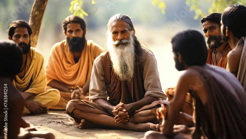 Old Indian guru surrounded by his disciples photo