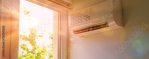 air heat or cool conditioner at home in sunny backlight.