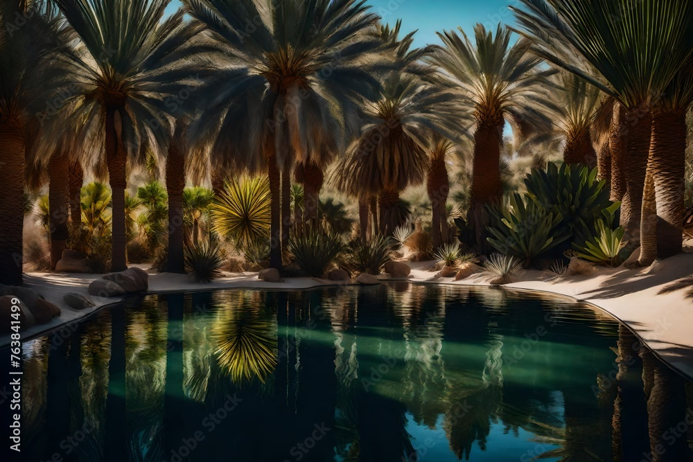 Fototapeta premium Secluded mini pond in a desert oasis, with palm trees casting shadows on the still water, creating a serene and unexpected haven