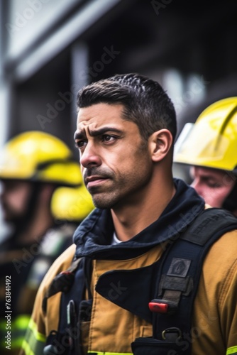 shot of a fireman looking at his colleagues working outside