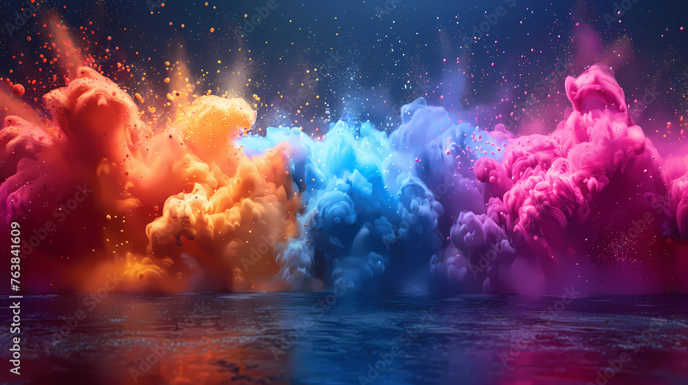 Colorful explosion of paint on dark background; 3d rendering illustration; Color powder splash in water; Colour mixture - obrazy, fototapety, plakaty 