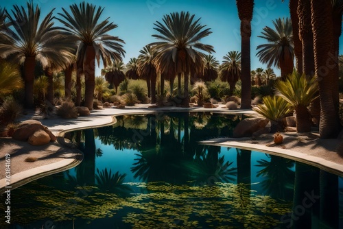 Secluded mini-pond in a desert oasis, with palm trees casting shadows on the motionless water, providing a beautiful and unexpected sanctuary. © MB Khan