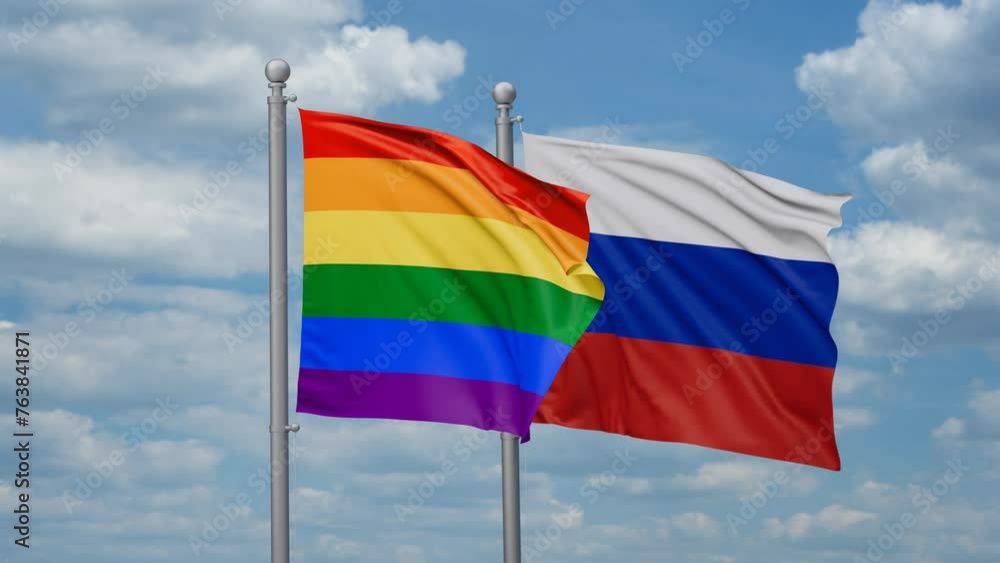 Russian Federation and LGBT movement flag also Gay Pride two flags waving together, looped video Russian Federation and LGBT movement flag also Gay Pride two flags waving together, looped video