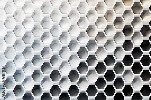 A honeycomb pattern in black and white colors  dirty and geometric 3D hexagons texture. AI Generated.
