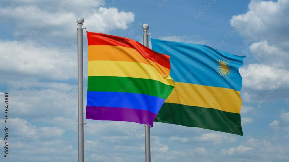 Republic of Rwanda and LGBT movement flag also Gay Pride two flags waving together, looped video, two country cooperation concept Republic of Rwanda and LGBT movement flag also Gay Pride two flags waving together, looped video, two country cooperation concept