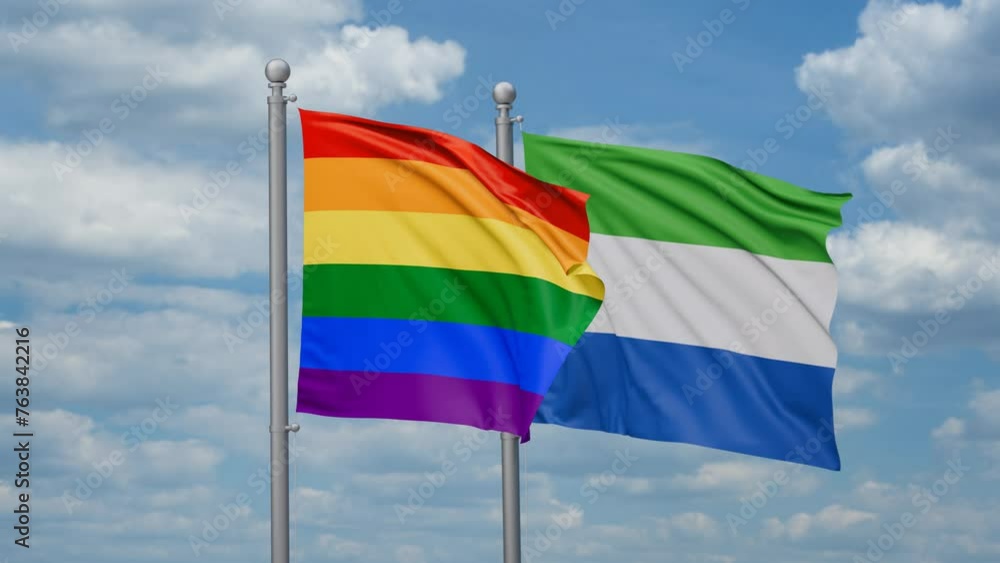 Sierra Leone or Salone and LGBT movement flag also Gay Pride two flags waving together, looped video, two country cooperation concept Sierra Leone or Salone and LGBT movement flag also Gay Pride two flags waving together, looped video, two country cooperation concept
