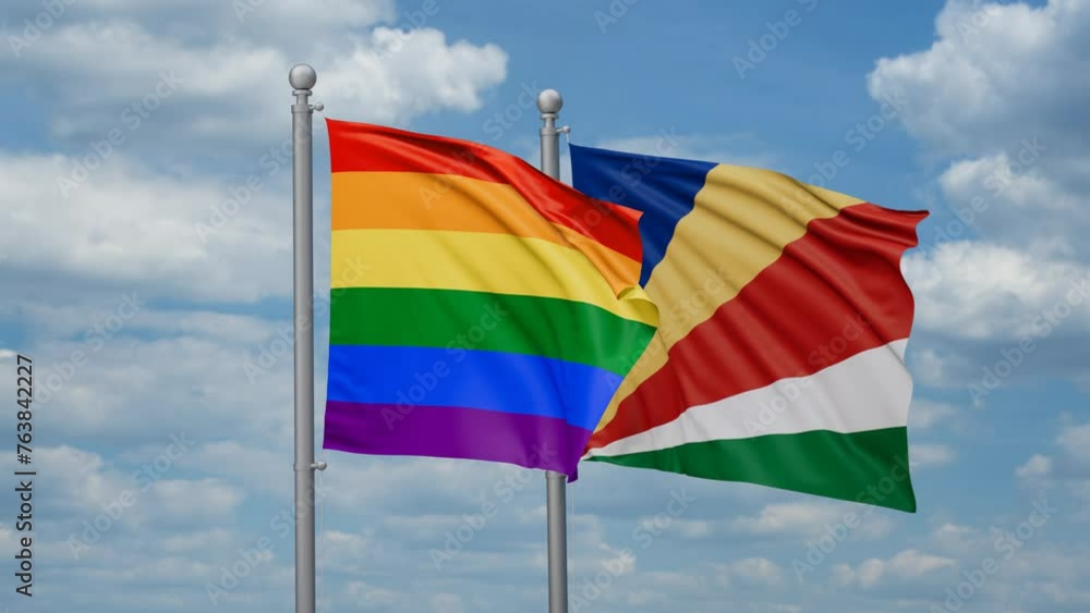 Seychelles and LGBT movement flag also Gay Pride two flags waving together, looped video, two country cooperation concept Seychelles and LGBT movement flag also Gay Pride two flags waving together, looped video, two country cooperation concept