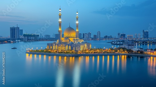 The majestic architecture of a mosque reflects on calm waters at twilight, symbolizing peace and spirituality. Its minarets and domes are highlighted by the evening sky, creating a serene image.
