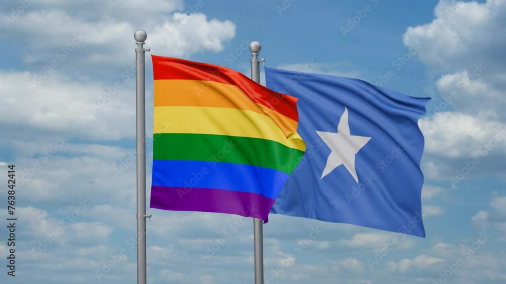 Somalia and LGBT movement flag also Gay Pride two flags waving together, looped video, two country cooperation concept Somalia and LGBT movement flag also Gay Pride two flags waving together, looped video, two country cooperation concept