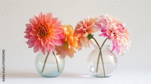 Dalias in the transparent vases arranged in a row