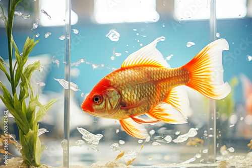 Goldfish swims in small aquarium with aquatic plants photo