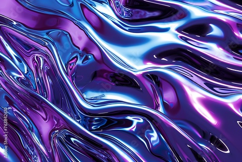 Shiny purple and blue chrome plastic liquid textured waves. Generative AI