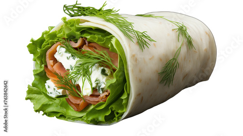 A wrap filled with fresh lettuce and salmon