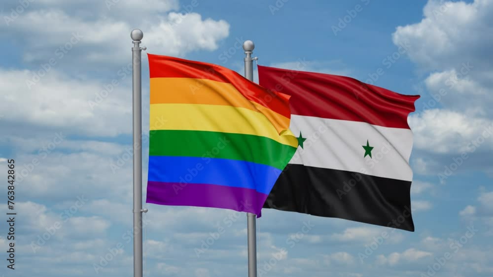 Syrian Arab Republic, Syria and LGBT movement flag also Gay Pride two flags waving together, looped video, two country cooperation concept Syrian Arab Republic, Syria and LGBT movement flag also Gay Pride two flags waving together, looped video, two country cooperation concept