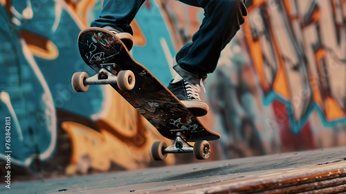 A skateboarder performing a mid-air trick against a graffiti-covered wall.