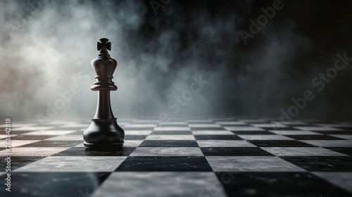 A solitary king chess piece casts a long shadow on the board, shrouded in a mysterious smoky haze. The mood is reflective of strategy and contemplation in isolation.