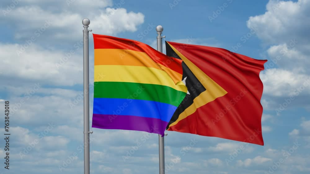 East Timor and LGBT movement flag also Gay Pride two flags waving together, looped video, two country cooperation concept East Timor and LGBT movement flag also Gay Pride two flags waving together, looped video, two country cooperation concept