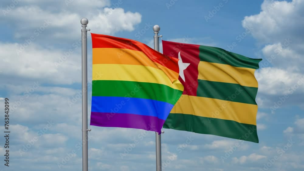 Togo, Togolese Republic and LGBT movement flag also Gay Pride two flags waving together, looped video, two country cooperation concept Togo, Togolese Republic and LGBT movement flag also Gay Pride two flags waving together, looped video, two country cooperation concept