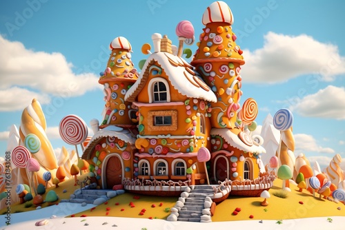 a gingerbread house with candy trees and blue sky with Beto Carrero World in the background