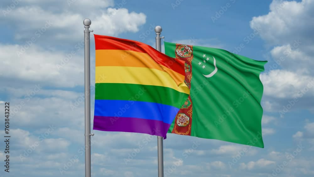 Turkmenistan and LGBT movement flag also Gay Pride two flags waving together, looped video, two country cooperation concept Turkmenistan and LGBT movement flag also Gay Pride two flags waving together, looped video, two country cooperation concept