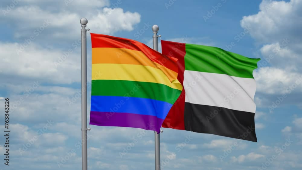 United Arab Emirates and LGBT movement flag also Gay Pride two flags waving together, looped video, two country cooperation concept United Arab Emirates and LGBT movement flag also Gay Pride two flags waving together, looped video, two country cooperation concept