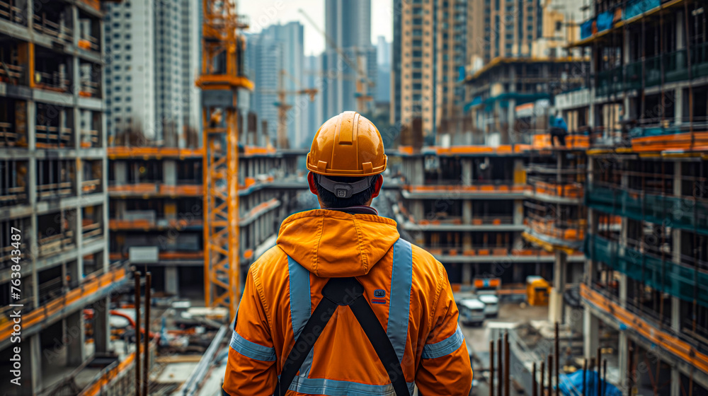 Foreman Overseeing Construction Progress at an Urban High-Rise Site
