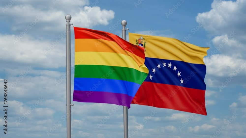 Venezuela and LGBT movement flag also Gay Pride two flags waving together, looped video Venezuela and LGBT movement flag also Gay Pride two flags waving together, looped video
