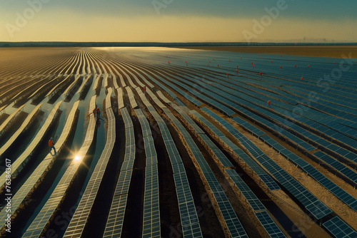 A field of solar panels with a bright sun shining on them
