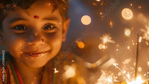A childs joyfilled face illuminated by the light from sparklers and firecrackers as they join in the Diwali celebrations with family. photo