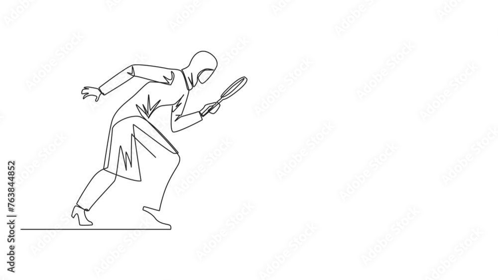 Self drawing animation of single continuous line drawing of Arabian businesswoman holds magnifying glass look at email icon. Receive important emails related to the progress. Full length animated Self drawing animation of single continuous line drawing of Arabian businesswoman holds magnifying glass look at email icon. Receive important emails related to the progress. Full length animated