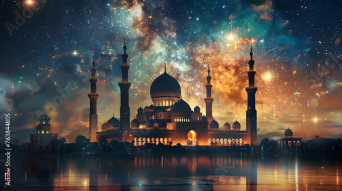 A painting depicting a grand mosque against a backdrop of a sky filled with shining stars creating a mesmerizing scene