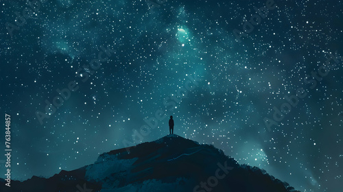 A person stands on a hill as stars fill the sky above creating a mesmerizing scene of solitude and contemplation