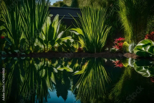 Reflections of overhanging plants in a small  clean pond in a backyard garden 