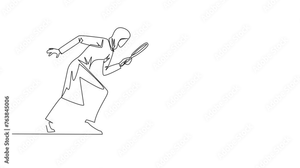 Self drawing animation of single continuous line drawing of Arabian businesswoman holding magnifying glass looking at computer. a programmer facing the bugs in the application. Full length animated Self drawing animation of single continuous line drawing of Arabian businesswoman holding magnifying glass looking at computer. a programmer facing the bugs in the application. Full length animated