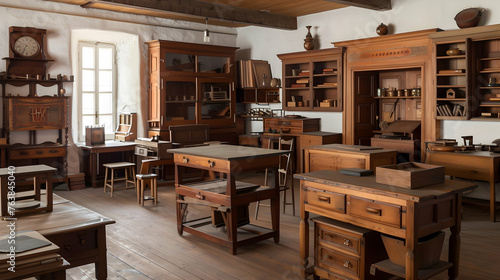 A room filled with various wooden furniture pieces such as tables chairs shelves and cabinets