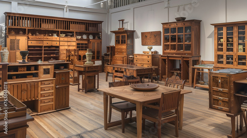 A room filled with various wooden furniture pieces such as tables chairs shelves and cabinets