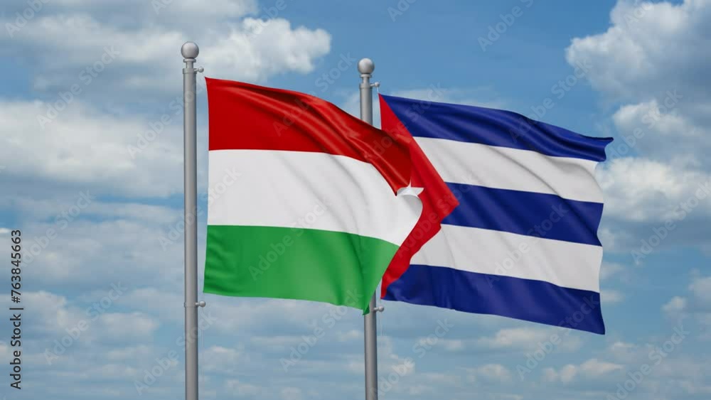 Cuba and Hungary two flags waving together, looped video, two country cooperation concept Cuba and Hungary two flags waving together, looped video, two country cooperation concept