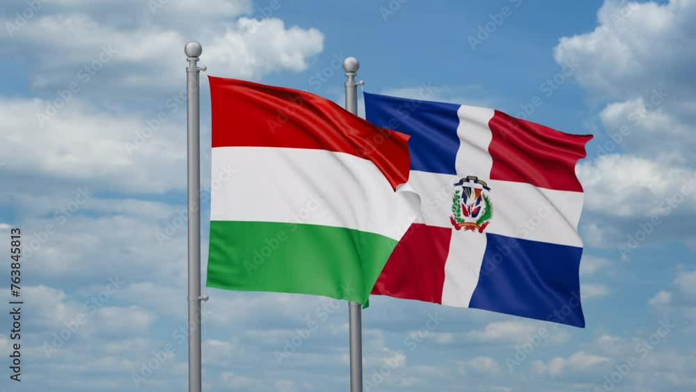 Dominican Republic and Hungary two flags waving together, looped video, two country relations concept Dominican Republic and Hungary two flags waving together, looped video, two country relations concept