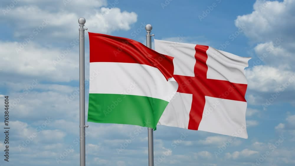 England and Hungary two flags waving together, looped video, two country relations concept England and Hungary two flags waving together, looped video, two country relations concept