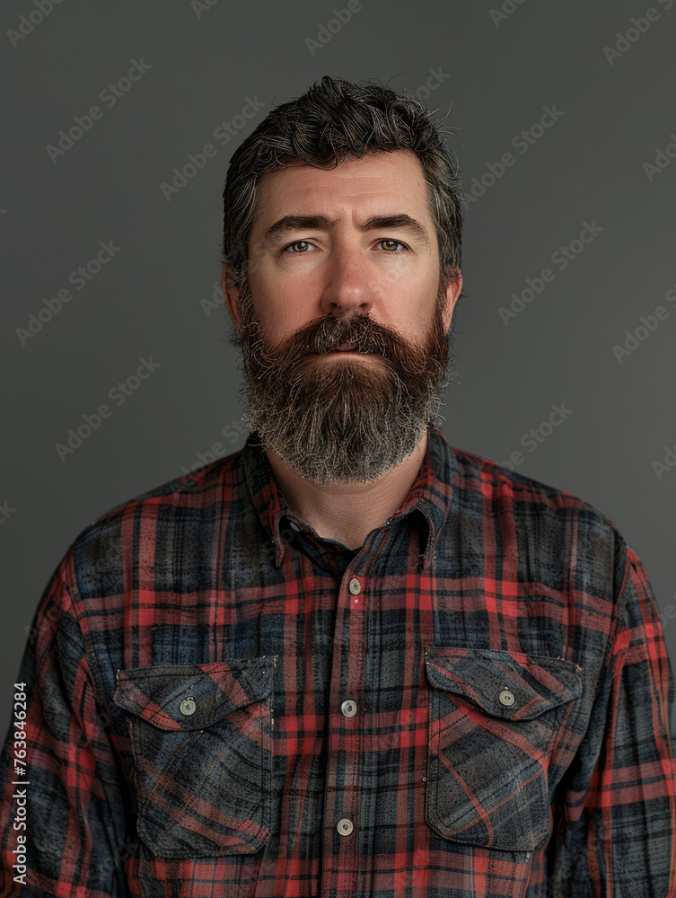This image depicts a man with a thick beard and serious expression, wearing a check shirt, with a plain background This image depicts a man with a thick beard and serious expression, wearing a check shirt, with a plain background