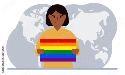 A woman holds an lgbt flag in his hands against the backdrop of a world map. Vector flat illustration.