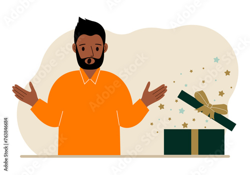 A man next to an open gift. The concept of a holiday, surprise, promotion, discount. Vector flat illustration